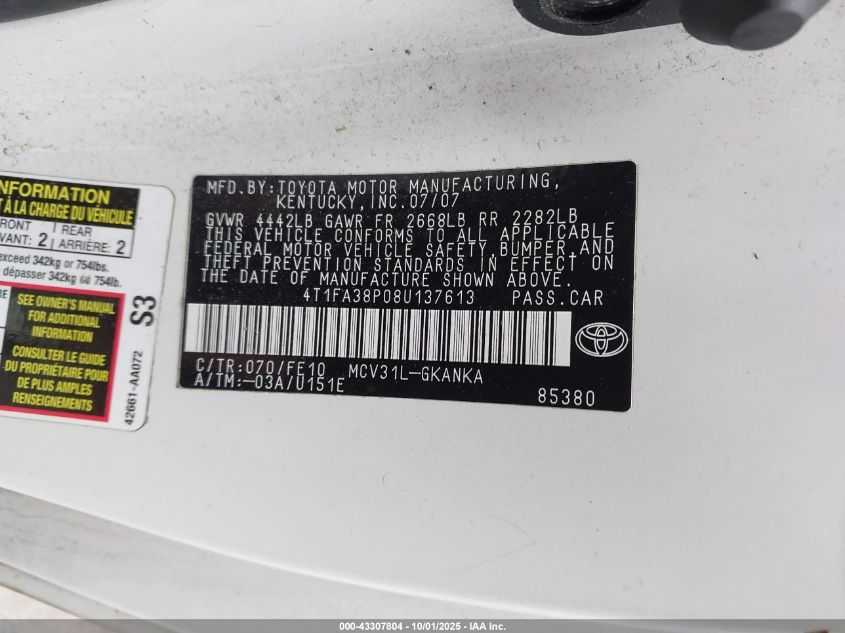 2008 Toyota Camry Solara Se VIN: 4T1FA38P08U137613 Lot: 43307804