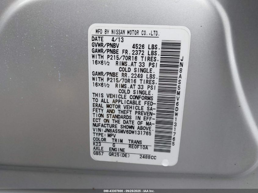 2013 Nissan Rogue S VIN: JN8AS5MV6DW131765 Lot: 43307808