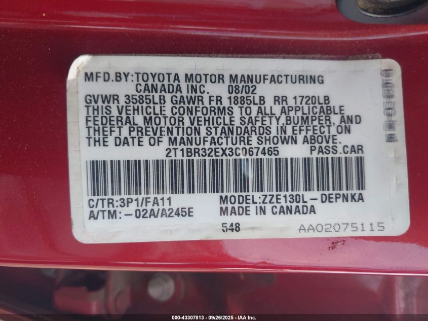 2003 Toyota Corolla Le VIN: 2T1BR32EX3C067465 Lot: 43307813