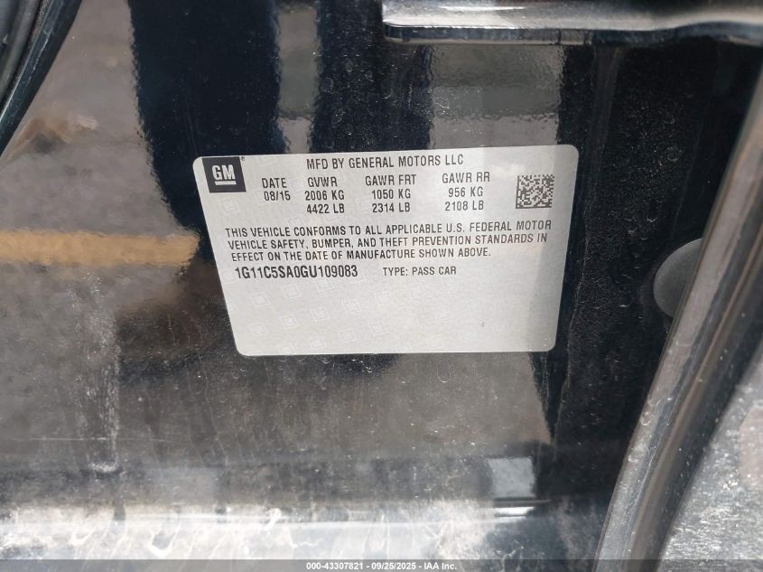2016 Chevrolet Malibu Limited Lt VIN: 1G11C5SA0GU109083 Lot: 43307821