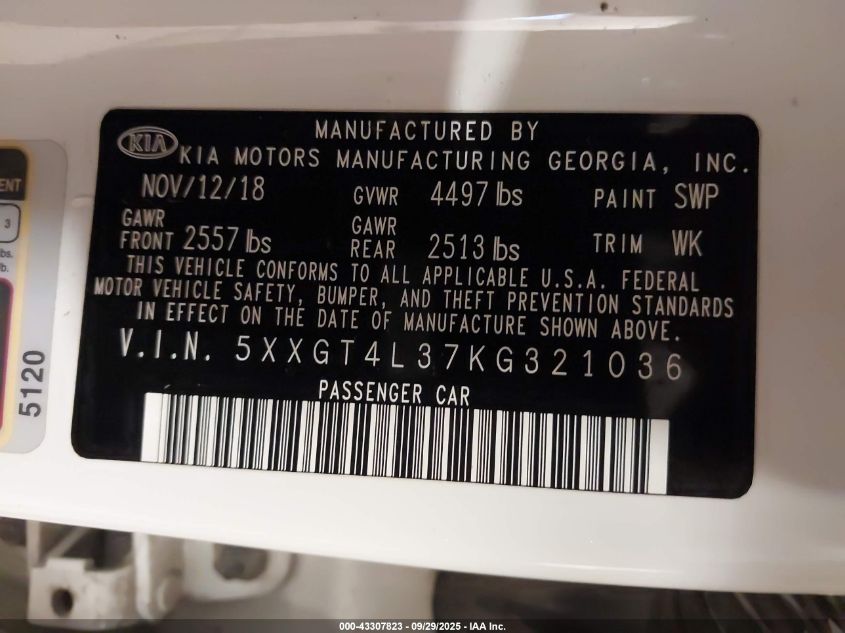 2019 Kia Optima Lx VIN: 5XXGT4L37KG321036 Lot: 43307823