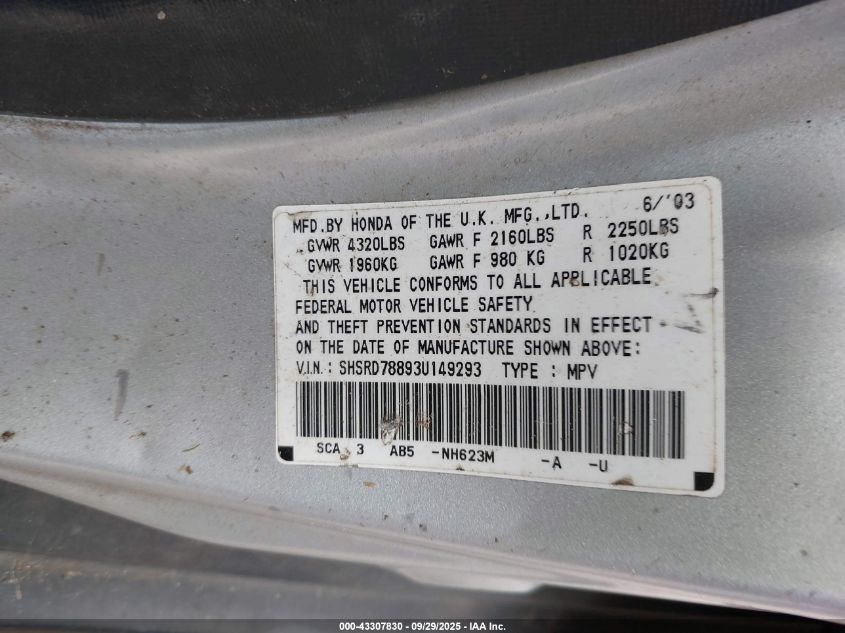 2003 Honda Cr-V Ex VIN: SHSRD78893U149293 Lot: 43307830