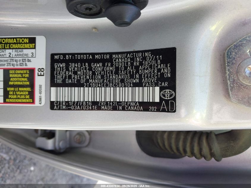 2011 Toyota Corolla Le VIN: 2T1BU4EE3BC580104 Lot: 43307834