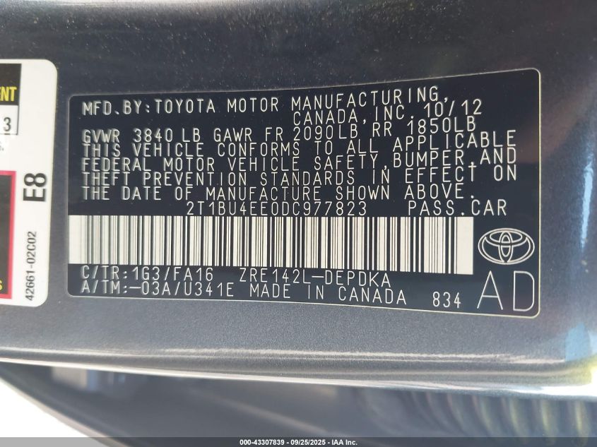 2013 Toyota Corolla L VIN: 2T1BU4EE0DC977823 Lot: 43307839