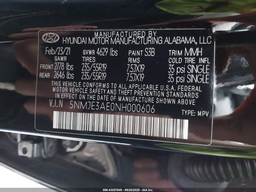 2022 Hyundai Tucson Limited VIN: 5NMJE3AE0NH000606 Lot: 43307849