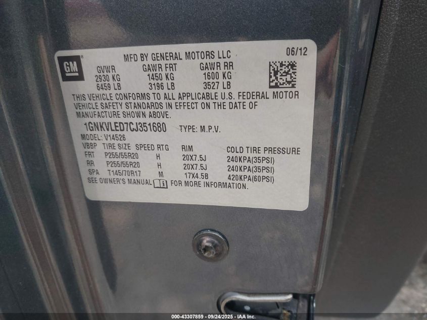 2012 Chevrolet Traverse Ltz VIN: 1GNKVLED7CJ351680 Lot: 43307859