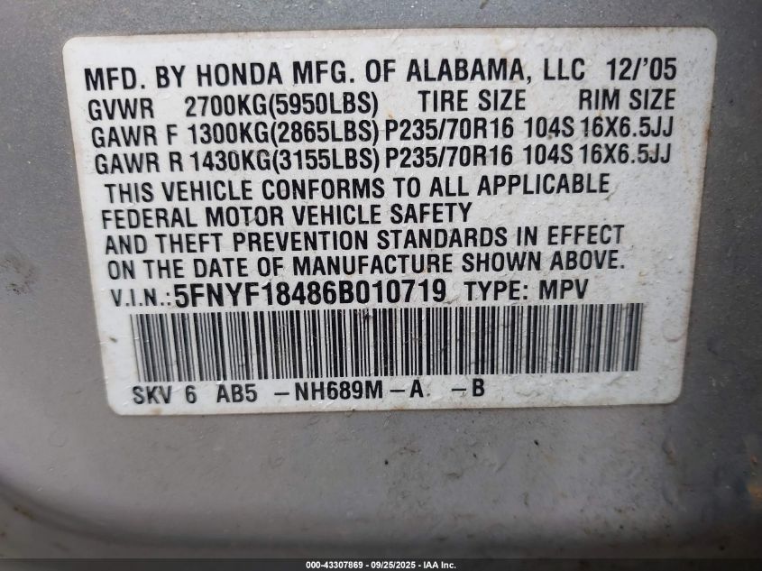 2006 Honda Pilot Ex VIN: 5FNYF18486B010719 Lot: 43307869