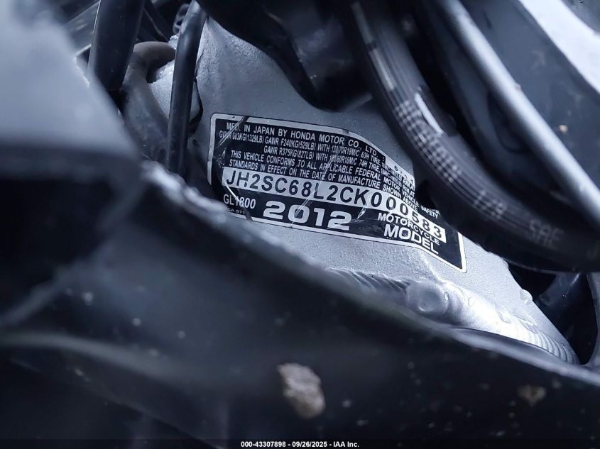 2012 Honda Gl1800 VIN: JH2SC68L2CK000583 Lot: 43307898