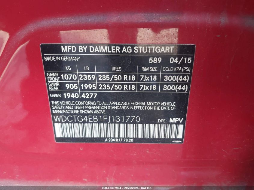 2015 Mercedes-Benz Gla 250 VIN: WDCTG4EB1FJ131770 Lot: 43307904