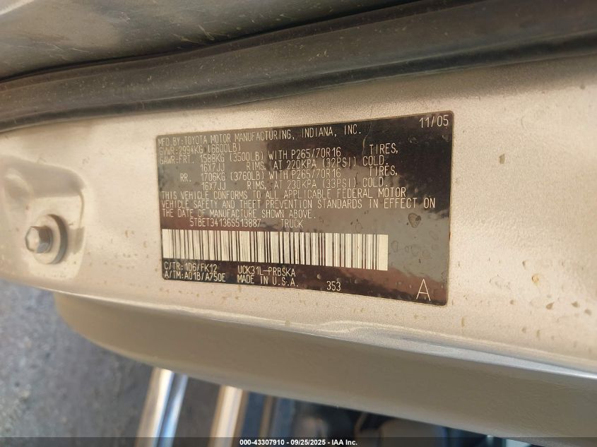 2006 Toyota Tundra Sr5 V8 VIN: 5TBET34136S513887 Lot: 43307910