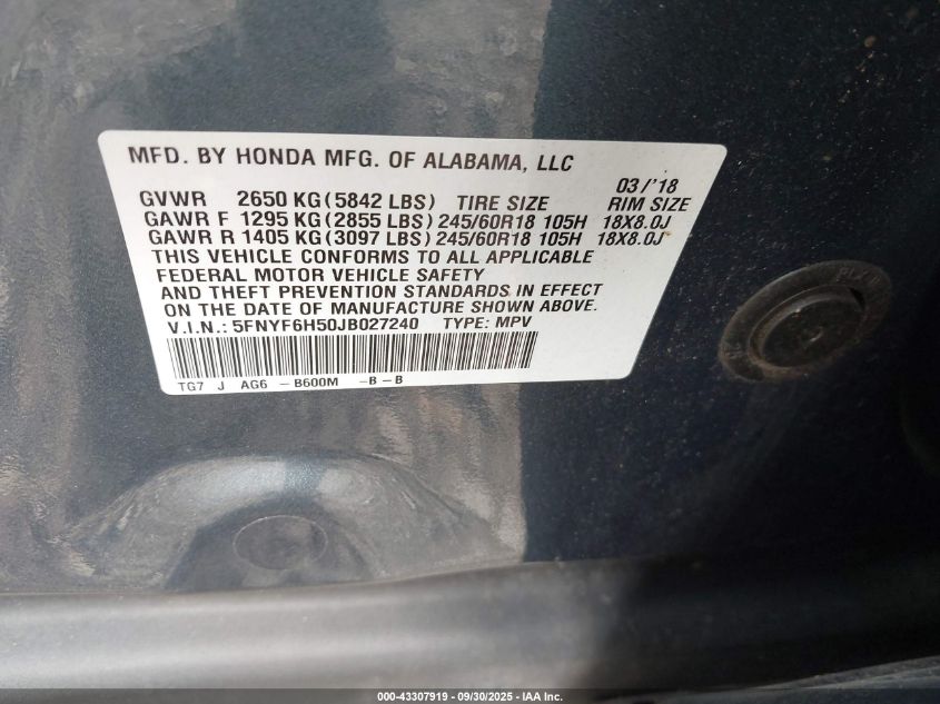 2018 Honda Pilot Ex-L VIN: 5FNYF6H50JB027240 Lot: 43307919