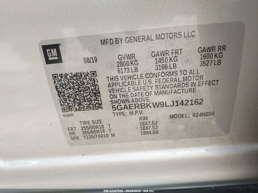 2020 Buick Enclave Essence VIN: 5GAERBKW9LJ142162 Lot: 43307920