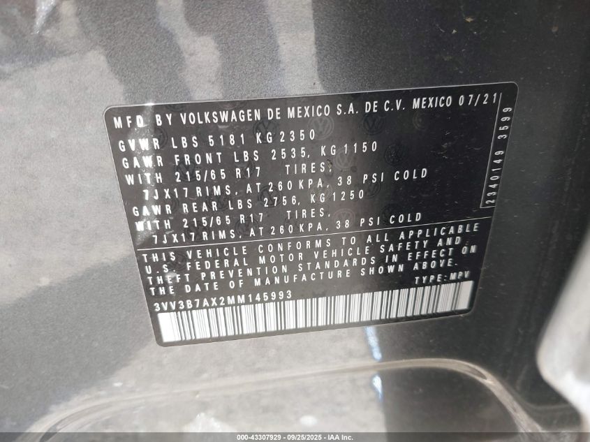 2021 Volkswagen Tiguan 2.0T Se/2.0T Se R-Line Black/2.0T Sel VIN: 3VV3B7AX2MM145993 Lot: 43307929