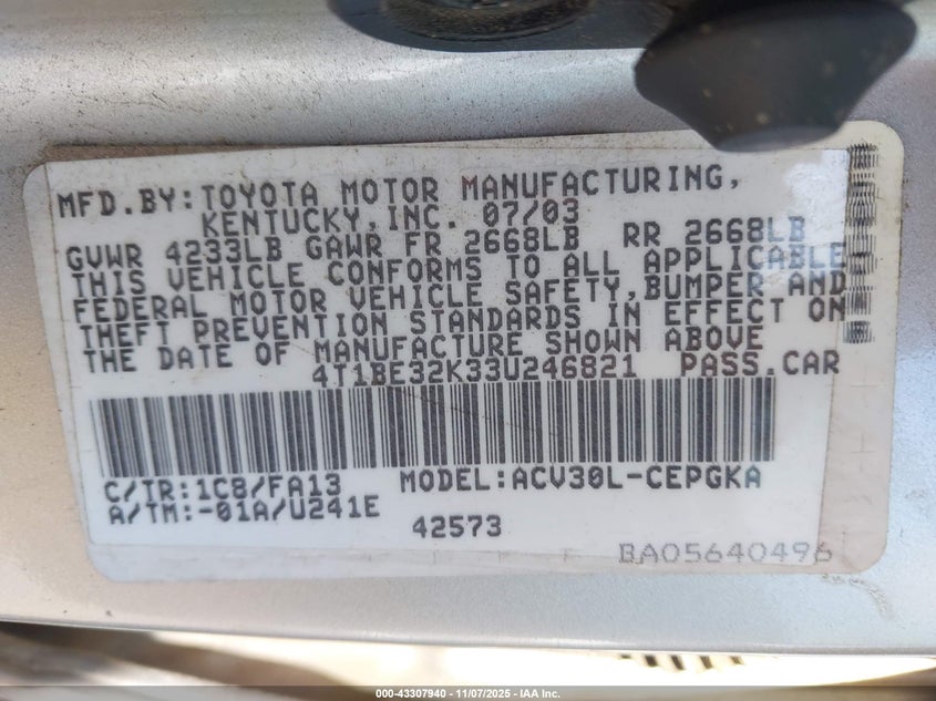 2003 Toyota Camry Xle VIN: 4T1BE32K33U246821 Lot: 43307940