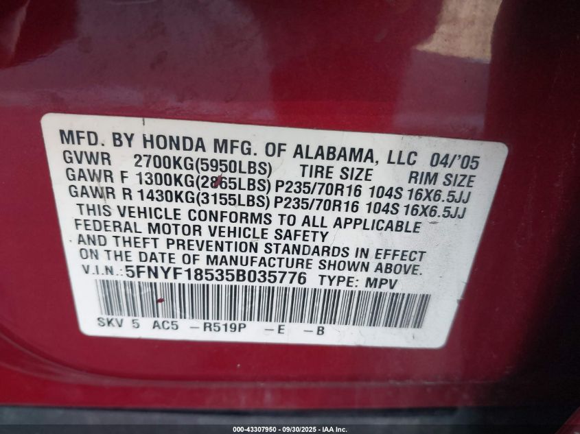 2005 Honda Pilot Ex-L VIN: 5FNYF18535B035776 Lot: 43307950