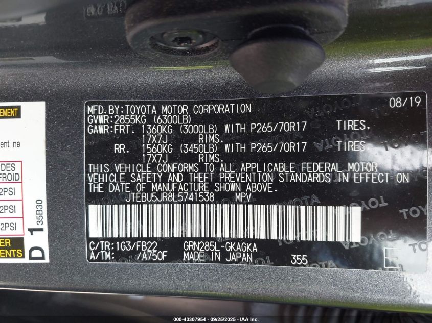 2020 Toyota 4Runner Sr5 VIN: JTEBU5JR8L5741538 Lot: 43307954