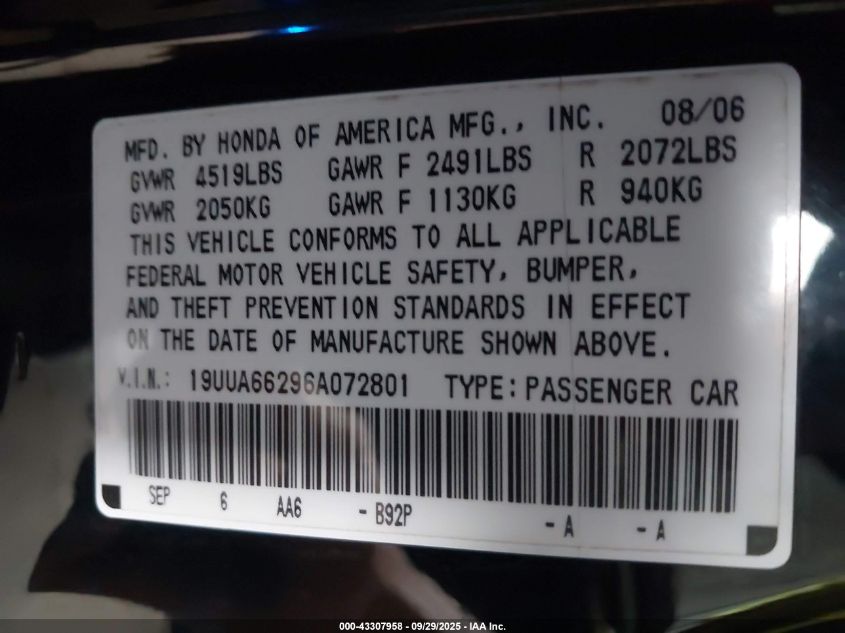 2006 Acura Tl VIN: 19UUA66296A072801 Lot: 43307958