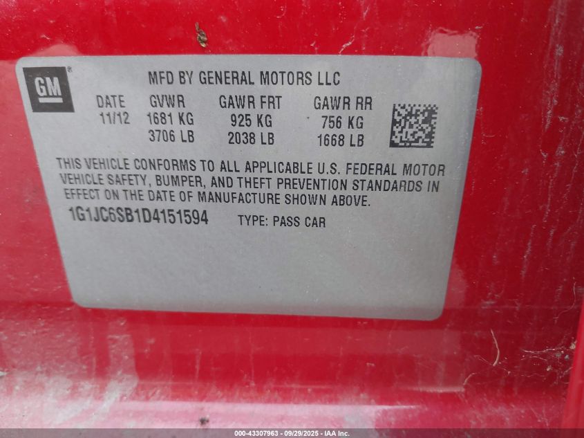 2013 Chevrolet Sonic Lt Auto VIN: 1G1JC6SB1D4151594 Lot: 43307963