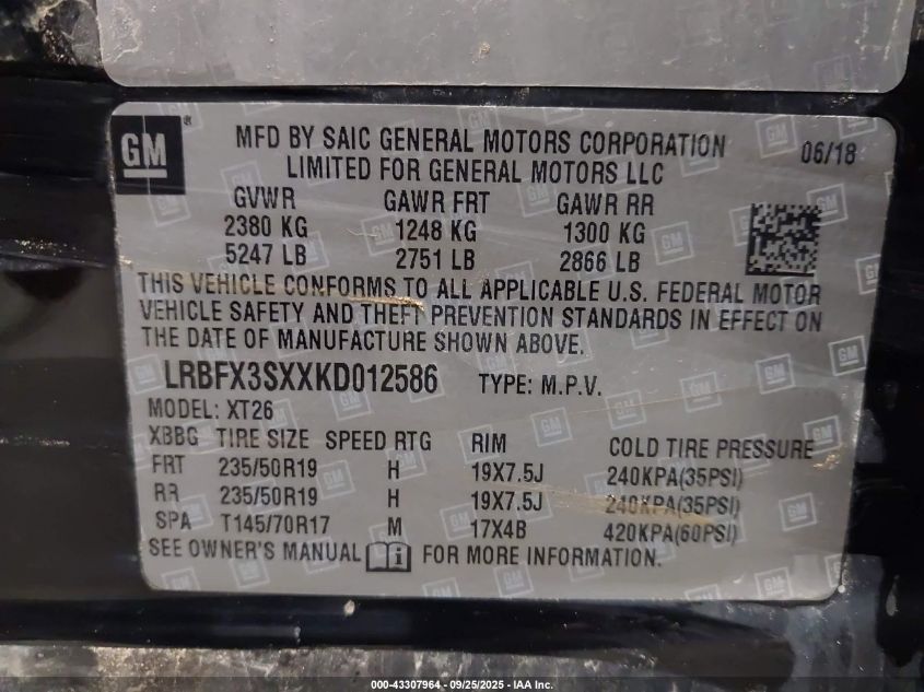 2019 Buick Envision Awd Premium I VIN: LRBFX3SXXKD012586 Lot: 43307964