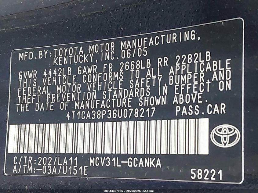 2006 Toyota Camry Solara Se Sport V6 VIN: 4T1CA38P36U078217 Lot: 43307965