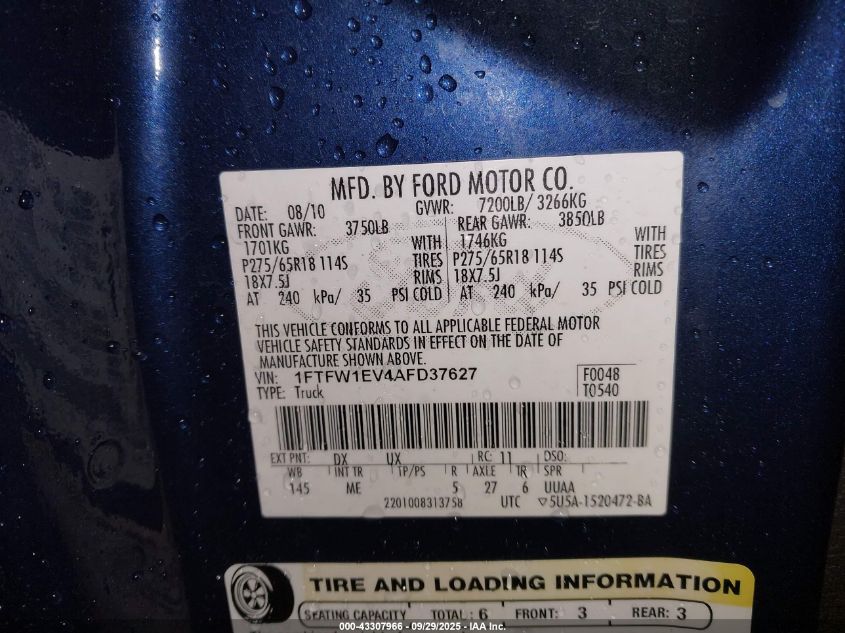 2010 Ford F-150 Fx4/Harley-Davidson/King Ranch/Lariat/Platinum/Xl/Xlt VIN: 1FTFW1EV4AFD37627 Lot: 43307966