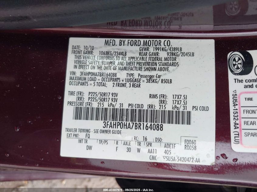 2011 Ford Fusion Se VIN: 3FAHP0HA7BR164088 Lot: 43307975