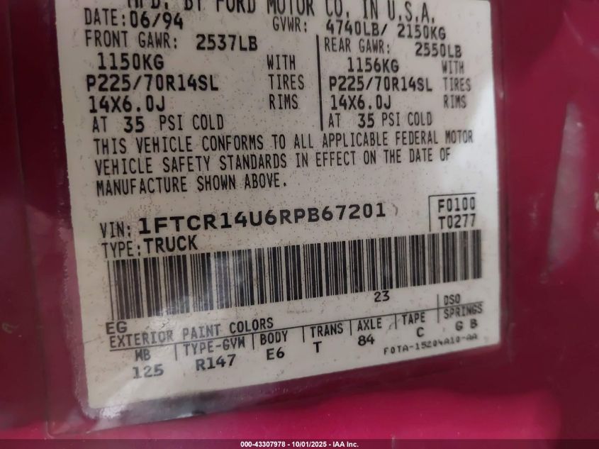 1994 Ford Ranger Super Cab VIN: 1FTCR14U6RPB67201 Lot: 43307978