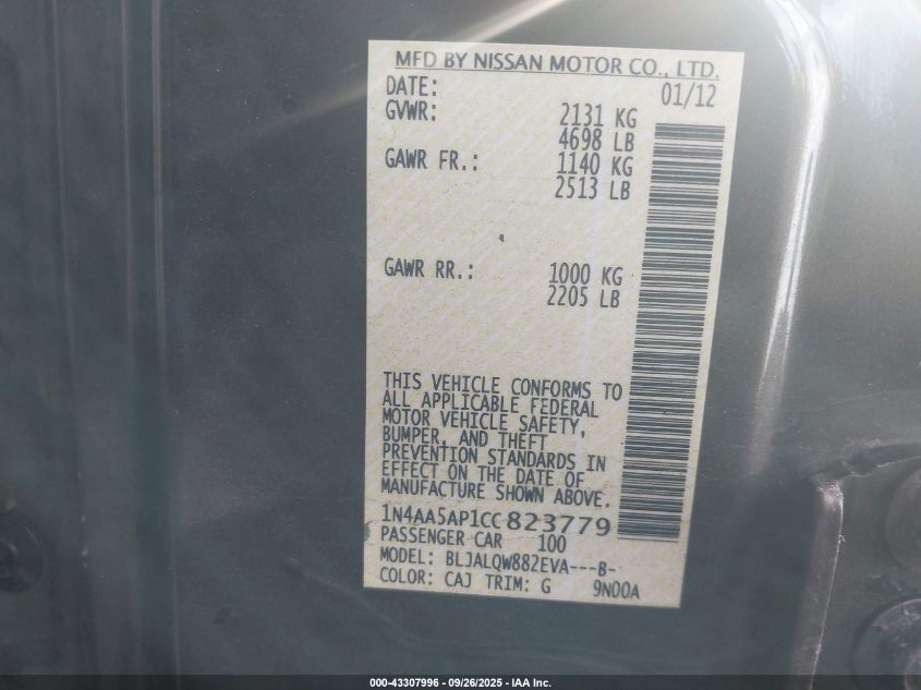 2012 Nissan Maxima 3.5 S VIN: 1N4AA5AP1CC823779 Lot: 43307996