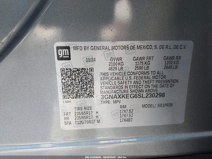 2025 Chevrolet Equinox Fwd Activ VIN: 3GNAXKEG6SL230298 Lot: 43308000