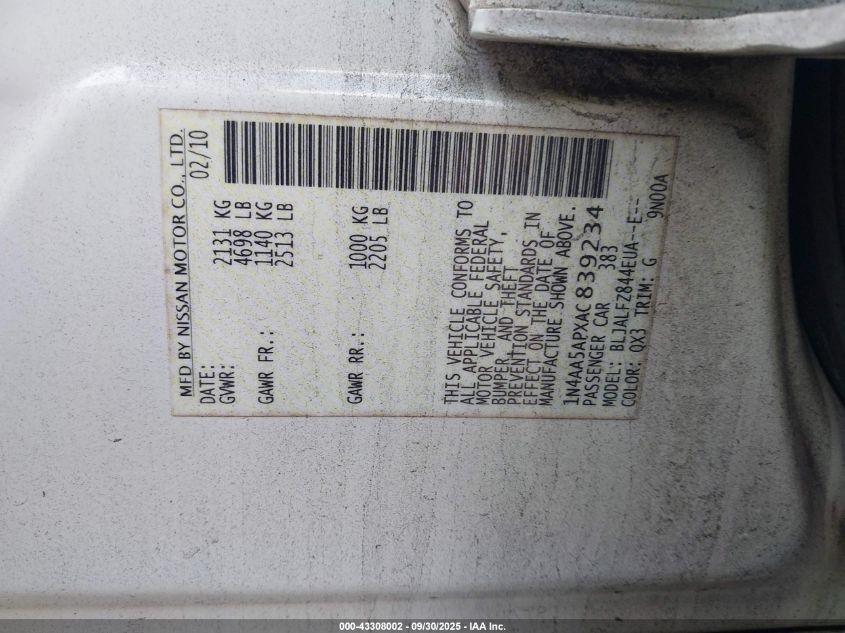 2010 Nissan Maxima 3.5 Sv VIN: 1N4AA5APXAC839234 Lot: 43308002