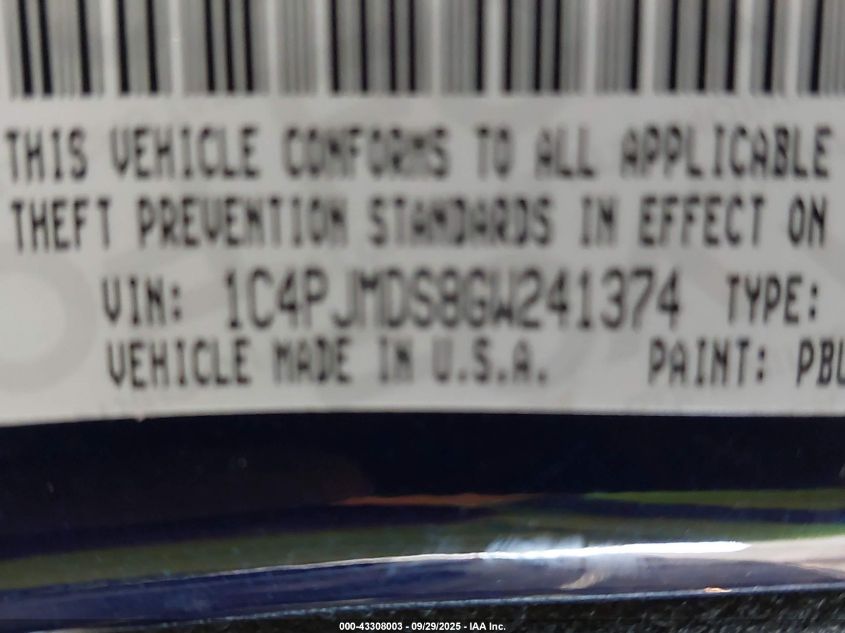 2016 Jeep Cherokee Limited VIN: 1C4PJMDS8GW241374 Lot: 43308003