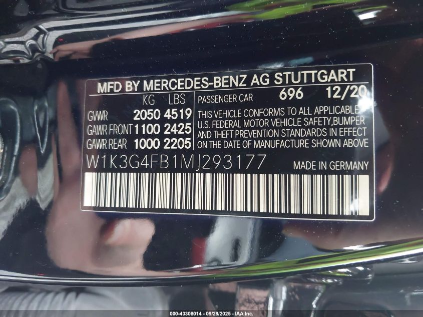 2021 Mercedes-Benz A 220 4Matic VIN: W1K3G4FB1MJ293177 Lot: 43308014