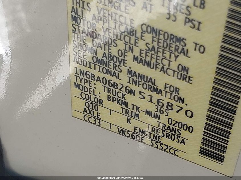 2006 Nissan Titan Se VIN: 1N6BA06B26N516870 Lot: 43308029