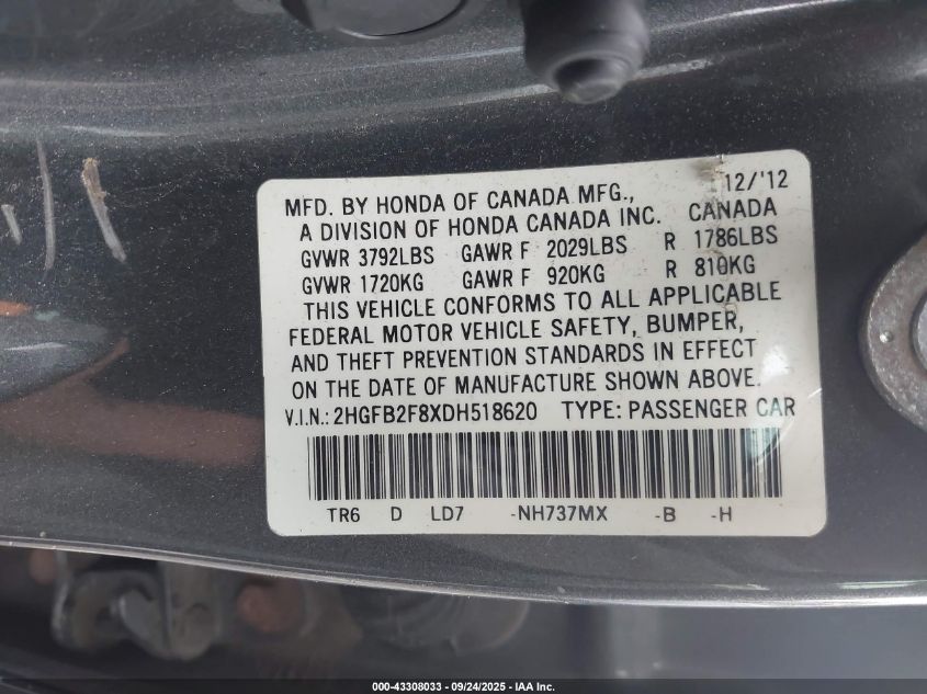 2013 Honda Civic Ex VIN: 2HGFB2F8XDH518620 Lot: 43308033