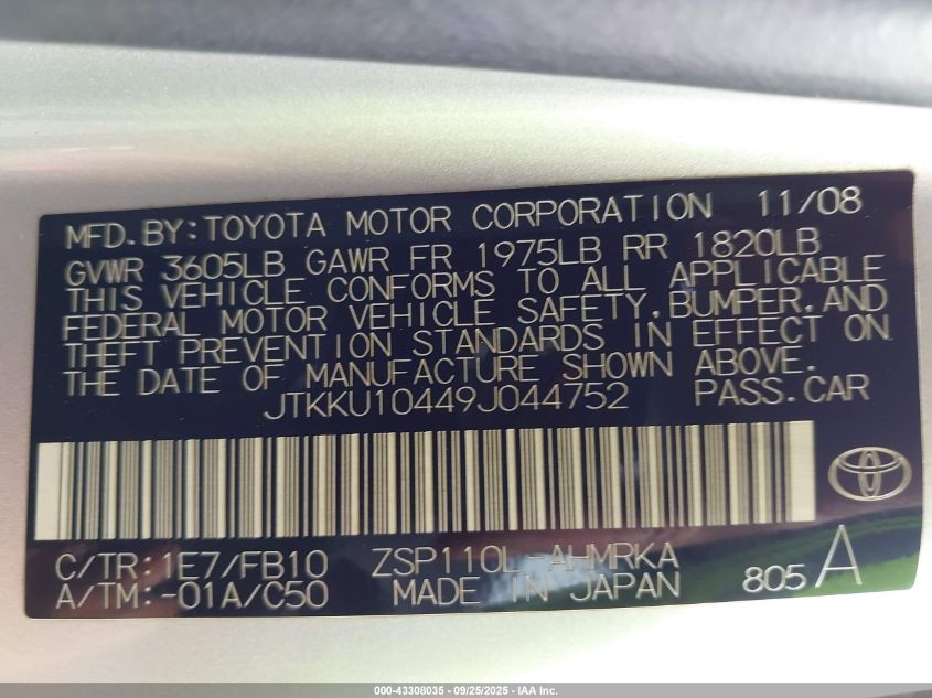 2009 Scion Xd VIN: JTKKU10449J044752 Lot: 43308035