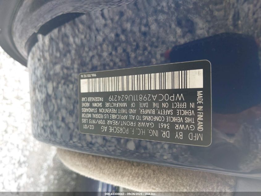 2001 Porsche Boxster VIN: WP0CA29811U624219 Lot: 43308043