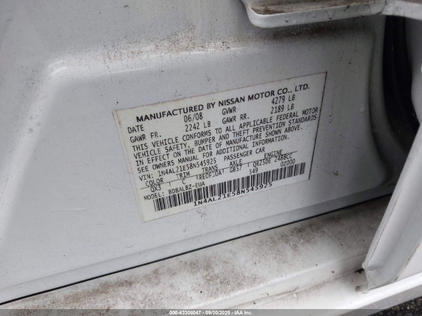 2008 Nissan Altima 2.5 S VIN: 1N4AL21E58N545925 Lot: 43308047