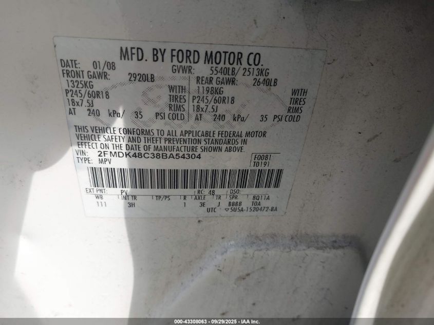 2008 Ford Edge Sel VIN: 2FMDK48C38BA54304 Lot: 43308063