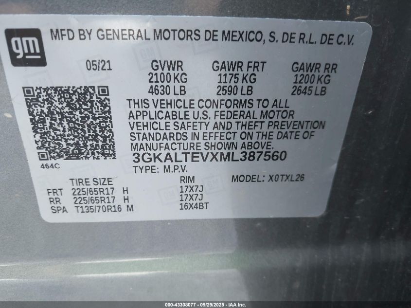 2021 GMC Terrain Awd Sle VIN: 3GKALTEVXML387560 Lot: 43308077