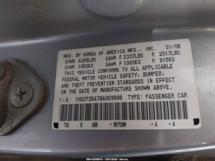 2008 Honda Accord 2.4 Lx-P VIN: 1HGCP26478A069998 Lot: 43308078