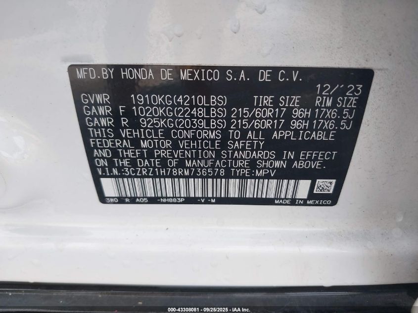 2024 Honda Hr-V 2Wd Ex-L/2Wd Ex-L W/O Bsi VIN: 3CZRZ1H78RM736578 Lot: 43308081