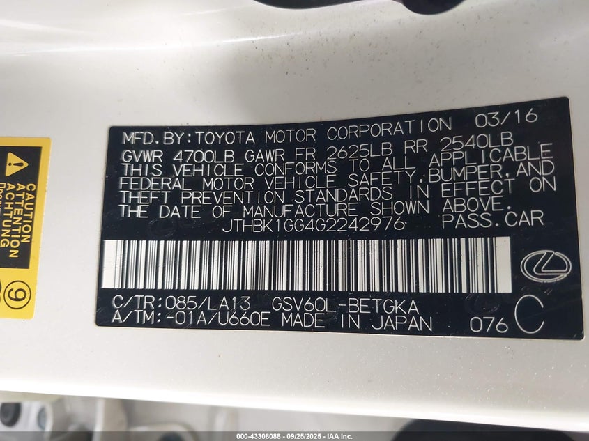 2016 LEXUS ES 350 JTHBK1GG4G2242976