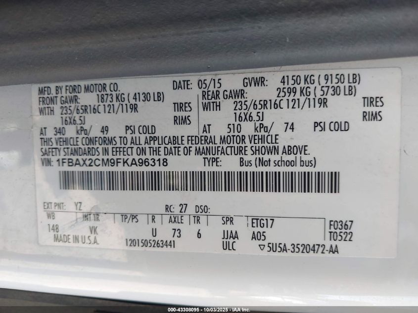 2015 Ford Transit-350 Xl VIN: 1FBAX2CM9FKA96318 Lot: 43308095