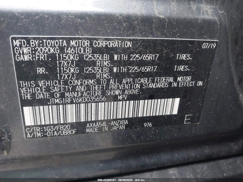 2019 TOYOTA RAV4 LE - JTMG1RFV6KD035656