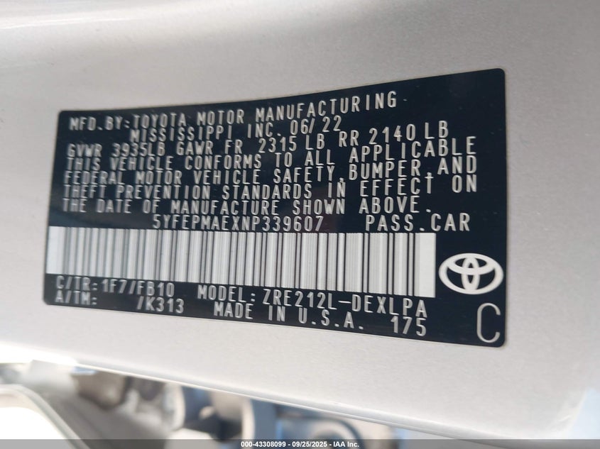 2022 TOYOTA COROLLA LE - 5YFEPMAEXNP339607