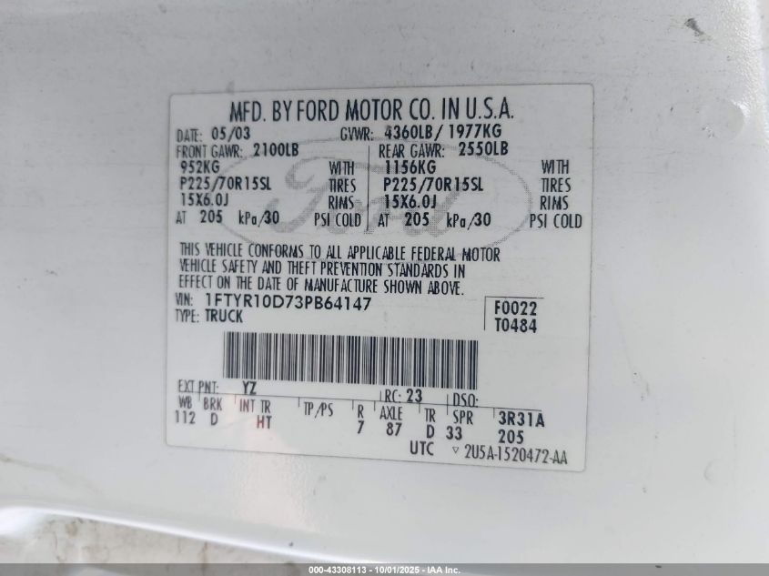 2003 Ford Ranger Xl/Xlt VIN: 1FTYR10D73PB64147 Lot: 43308113