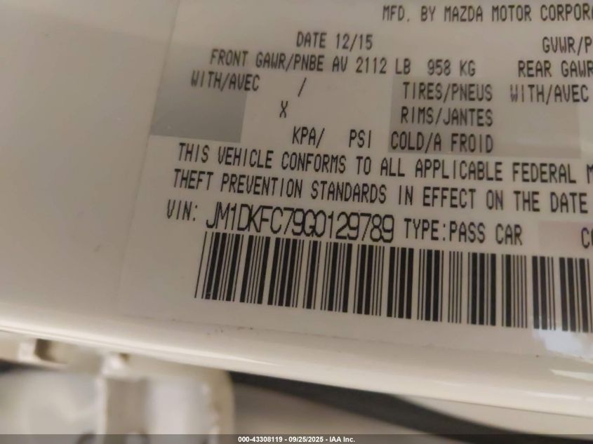 2016 Mazda Cx-3 Touring VIN: JM1DKFC79G0129789 Lot: 43308119