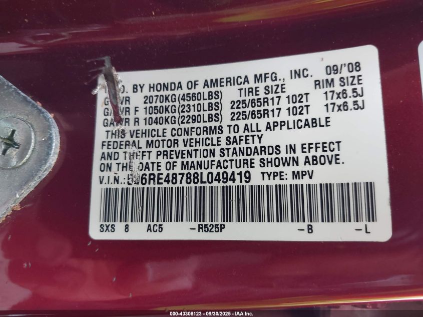 2008 Honda Cr-V Ex-L VIN: 5J6RE48788L049419 Lot: 43308123