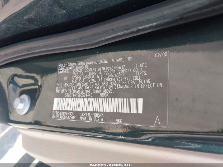 2006 Toyota Tundra Sr5 V8 VIN: 5TBDT44196S524443 Lot: 43308124