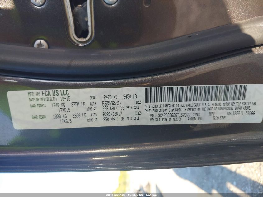 2016 Dodge Journey Sxt VIN: 3C4PDCBG2GT157377 Lot: 43308128